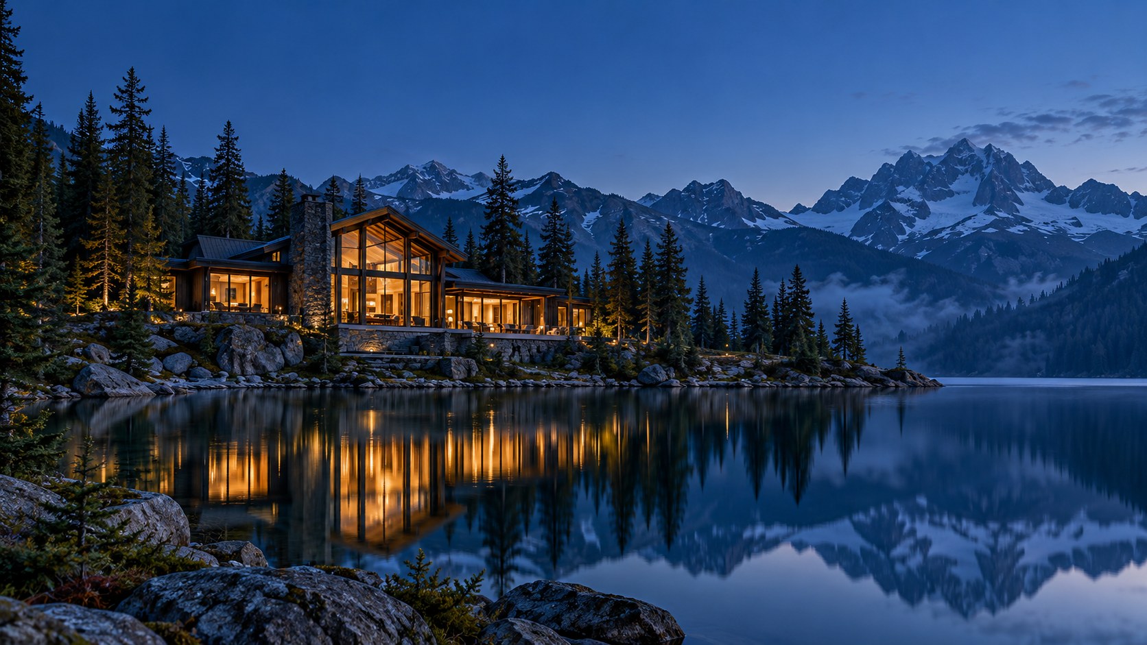 A secluded lakeside lodge surrounded by alpine forest