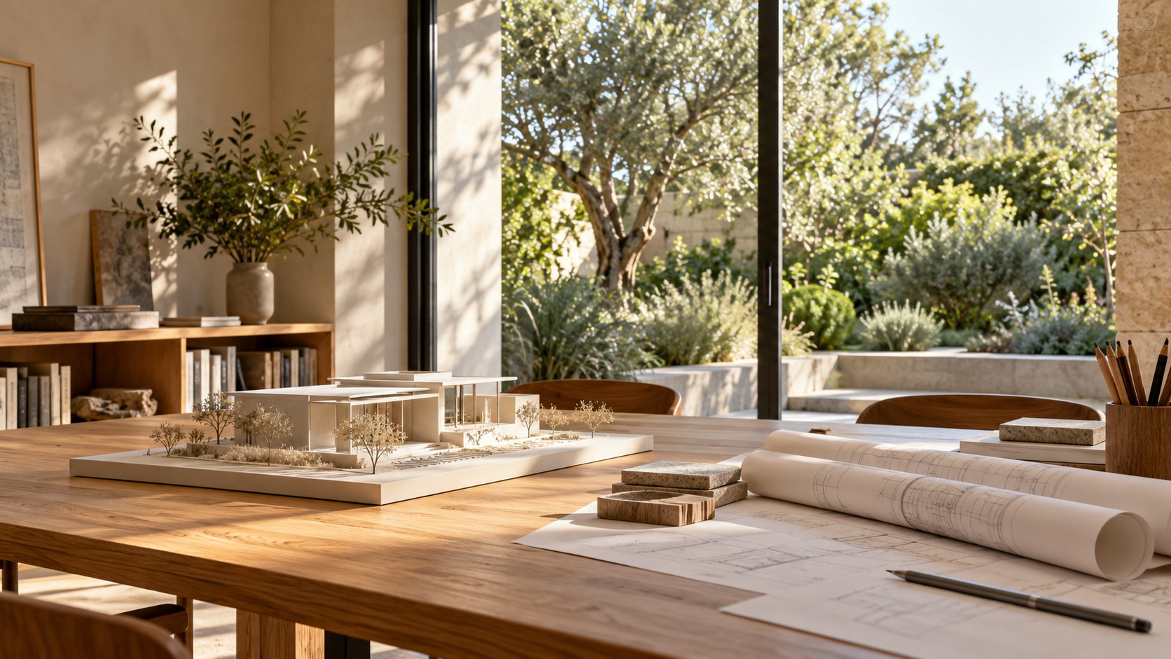 A light-filled architecture studio with a timber table, models and garden views