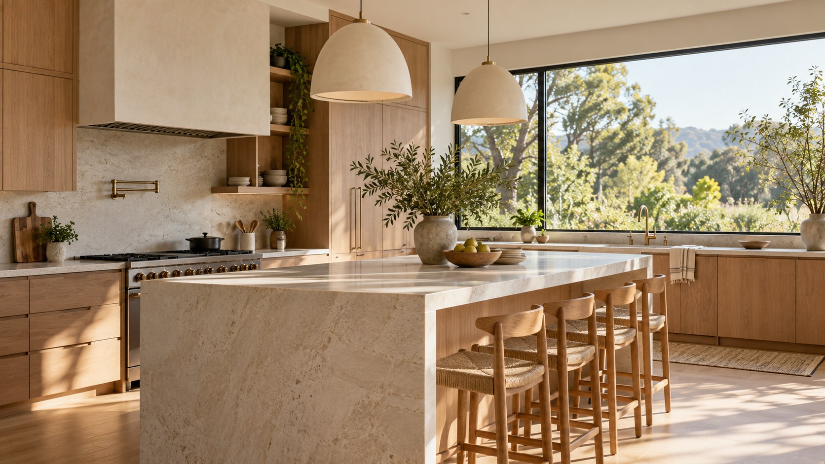 A warm renovated kitchen with oak cabinetry, natural stone and garden views