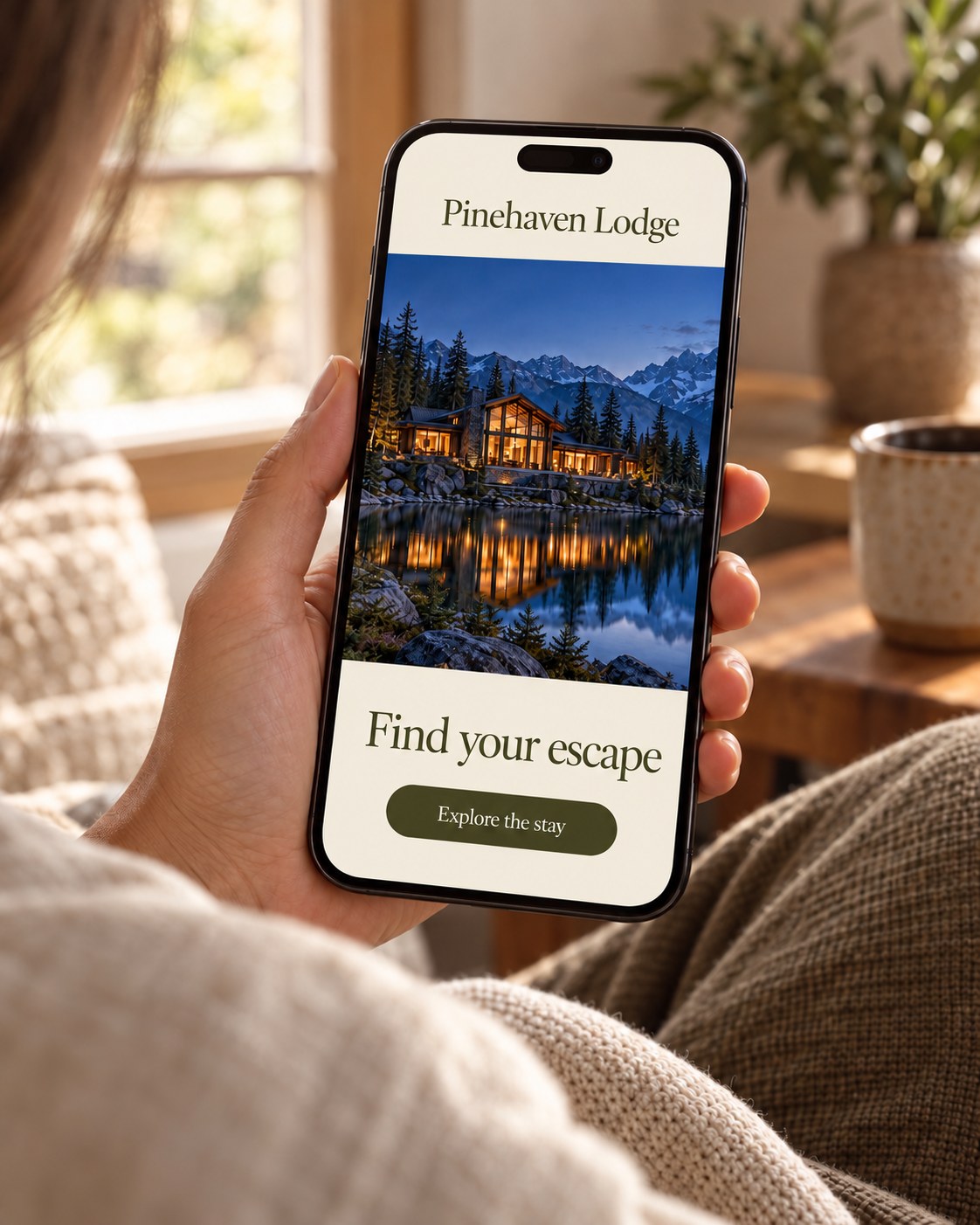 Someone browsing the Pinehaven Lodge hospitality website on their phone